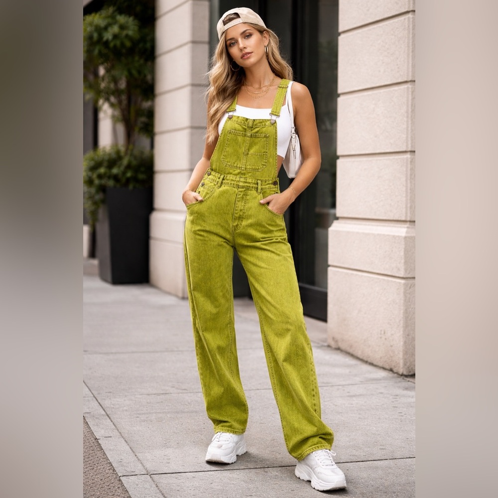 Free People We The Free Ziggy Overalls Size 8 Lime Green Utility Relaxed Fit